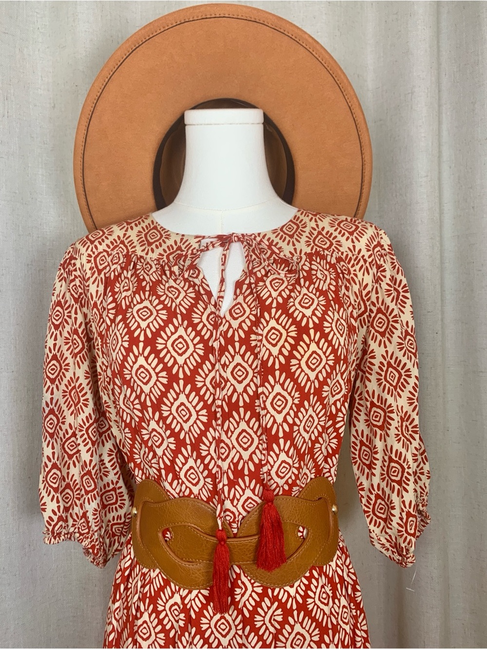 Easel Maxi Dress | Boho Red & Ivory Printed Tiered Dress L2-10 - Picture 2 of 7